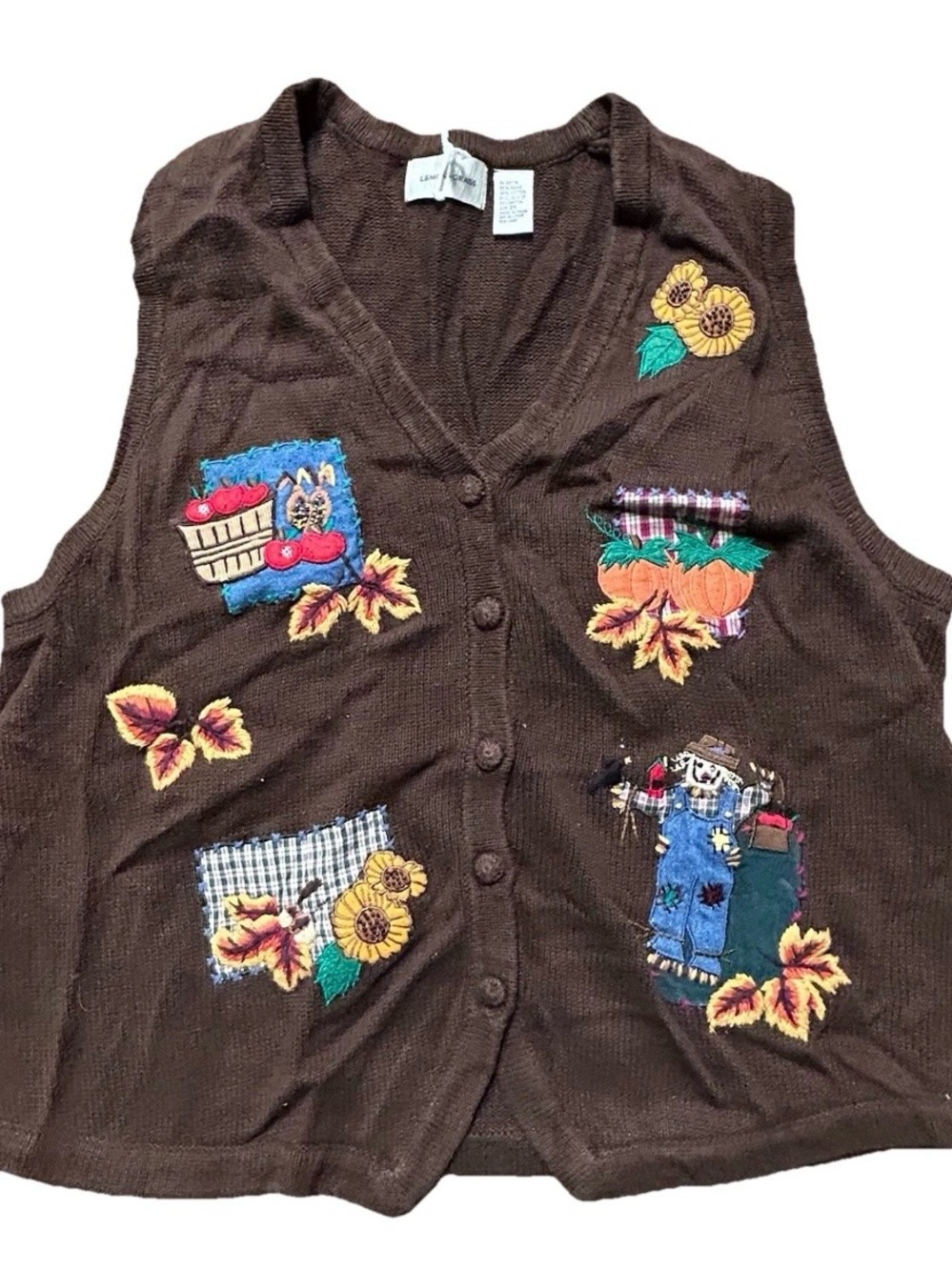 Vintage Lemon Grass Brown Fall Cardigan Vest Size 2X Leaves Scarecrow Pumpkins